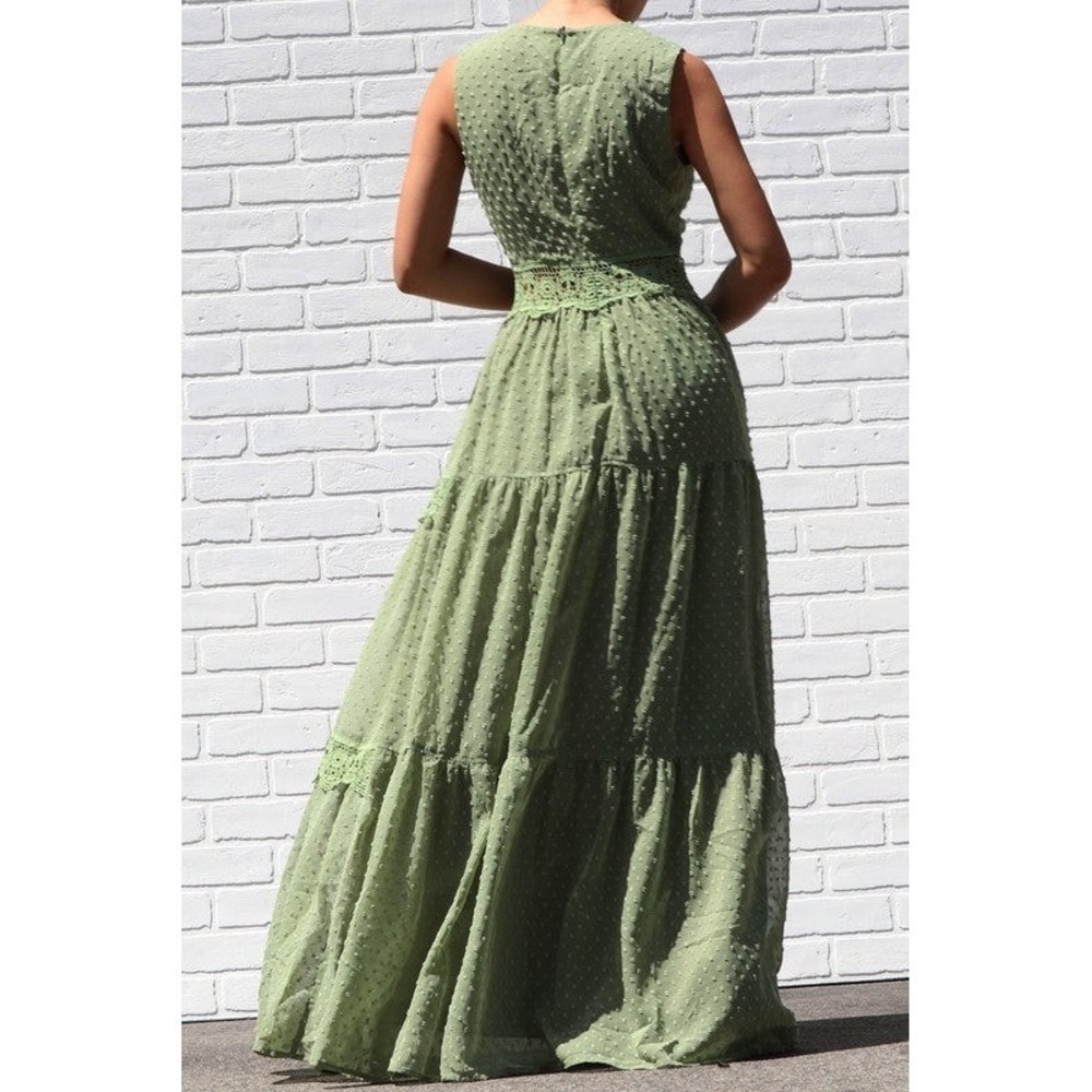 WATER LILY Lace Trim Olive Green Maxi Dress Size Medium M Tiered - Picture 3 of 16